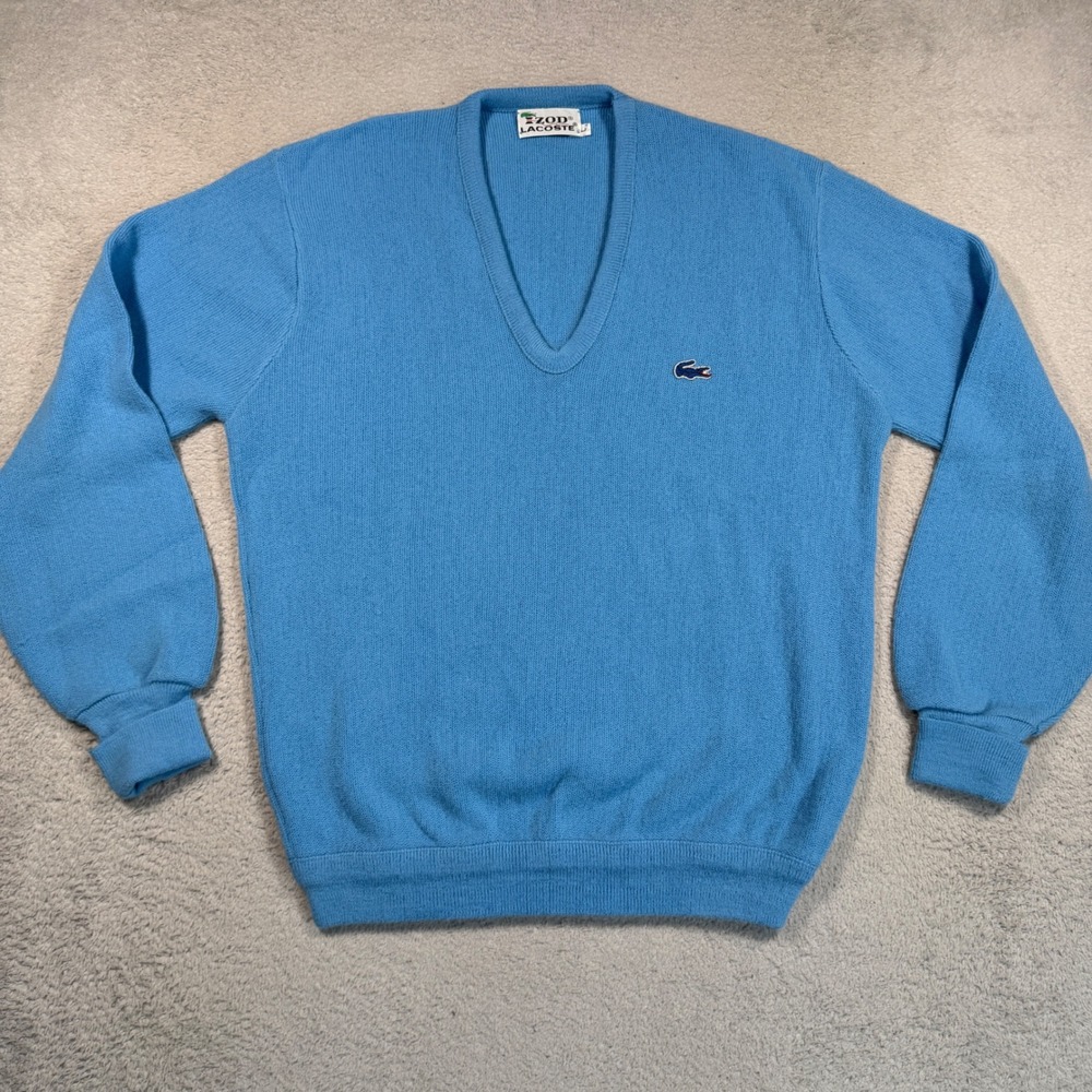 Vintage Izod Lacoste V-Neck Sweater Mens L Blue Acrylic Knit Crocodile Logo 80s